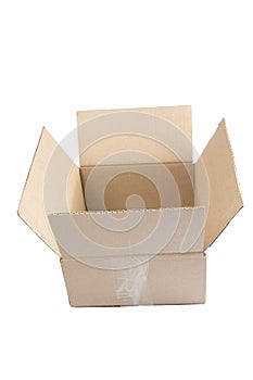  close up shot of a single open blank brown empty carton cardboard box on a white background