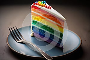 Close up shot of slice LGBT rainbow cake.