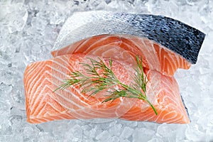 Close-up shot of sliced salmon fillet on crushed ice