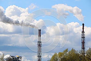 Close-up shot of smoke pipe: industrial production, factory, air pollution