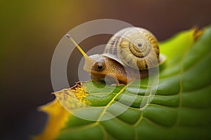 Close-up shot of a snail crawling on a green leaf. Generated by AI