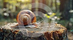 Close up shot of a snail crawling on a tree stump in the forest, displaying accelerated movement photo