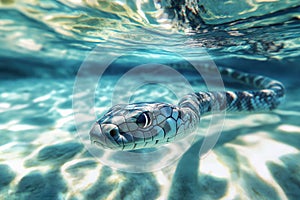 A close-up shot of a snake swimming in the water
