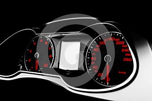 Close up shot of a speedometer in a car. Car dashboard. Dashboard details with indication lamps.Car instrument panel. Dashboard wi