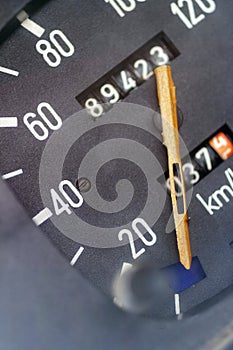 Close up shot of a speedometer in an old car