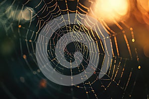 A close-up shot of a spider web with tiny water droplets glistening on its surface