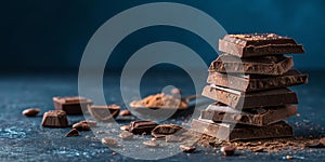 A stack of chocolate squares with cocoa powder and chocolate pieces on a dark surface
