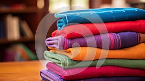 Close-up shot of a stack of colorful clothes
