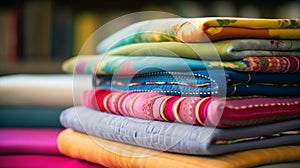 Close-up shot of a stack of colorful clothes