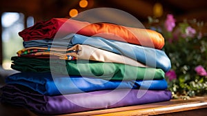 Close-up shot of a stack of colorful clothes