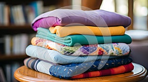 Close-up shot of a stack of colorful clothes