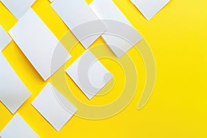 A close-up shot of a stack of white papers placed on a bright yellow surface