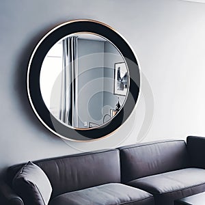 Close-up shot of a stylish round wall mirror reflecting a modern living room decor.