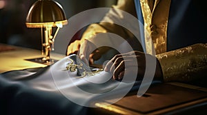 Close-up shot of a tailor meticulously crafting a bespoke garment