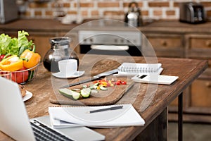 close-up shot of teleworking workplace at kitchen with food on table