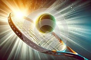 Close-up shot of a tennis racket hitting a ball against a backdrop of bright sunlight