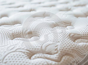 A close-up shot of the texture and pattern on a mattress, highlighting its softness and comfort for sleeping. The