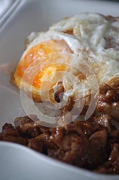 Close-up shot of the Thai homemade cuisine with Pork Sliced Fried with Garlic with egg.