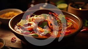 Close-up shot of Thai shrimp tom yum served on a delicious fresh ceramic bowl