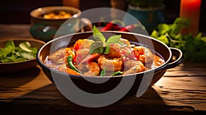 Close-up shot of Thai shrimp tom yum served on a delicious fresh ceramic bowl