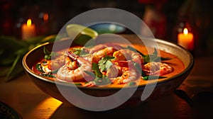 Close-up shot of Thai shrimp tom yum served on a delicious fresh ceramic bowl