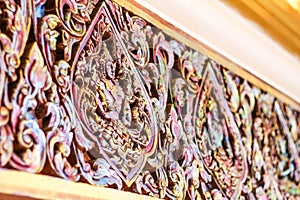 Close up shot; Thai wooding graving art/style., Bangkok, Thailand