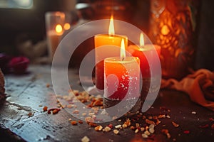 A close-up shot of three candles burning brightly on a wooden table, copy space