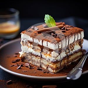 a close-up shot of tiramisu served on a chic dessert plate, emphasizing its creamy texture and delicate layers