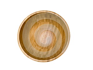 Close up shot from top view of empty wood bowl isolated on white background