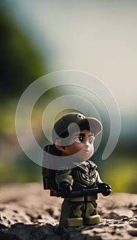 Close up shot of a toy soldier in a uniform, standing on a rock