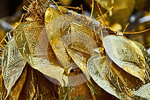 Close up shot of traditional Thai tree with golden leaf