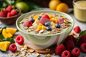 Close - up shot of a tropical paradise smoothie bowl with a thick, creamy texture and vivid fruit toppings