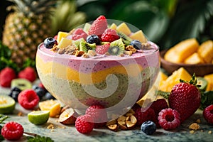 Close - up shot of a tropical paradise smoothie bowl with a thick, creamy texture and vivid fruit toppings