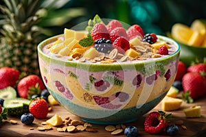 Close - up shot of a tropical paradise smoothie bowl with a thick, creamy texture and vivid fruit toppings