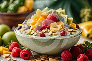 Close - up shot of a tropical paradise smoothie bowl with a thick, creamy texture and vivid fruit toppings