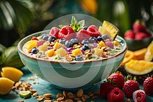 Close - up shot of a tropical paradise smoothie bowl with a thick, creamy texture and vivid fruit toppings