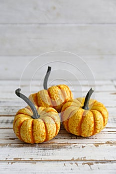 Close up shot of two decorative pumpkins on grunged wood texture background bright as a symbol of autumnal holidays with a lot of