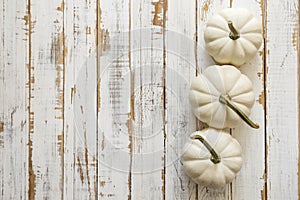 Close up shot of two decorative pumpkins on grunged wood texture background bright as a symbol of autumnal holidays with a lot of