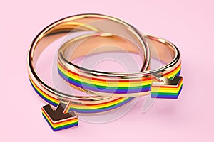 Close up shot on two gay male wedding rings connected together isolated on pastel pink background. Gay marriages concept. 3D photo