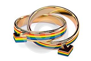 Close up shot on two gay male wedding rings connected together isolated on white background. Gay marriages concept. 3D rendering