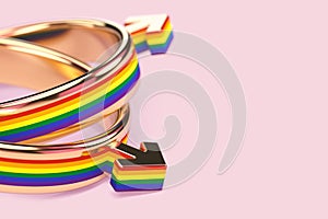 Close up shot on two gay male wedding rings on pastel pink background. Gay marriages issue concept. 3D rendering