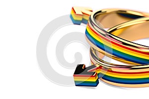 Close up shot on two gay male wedding rings on white background. Gay marriages issue concept. 3D rendering photo