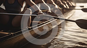 Close up shot of unrecognizable rowing team on boat.