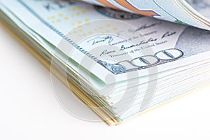 close-up shot of 100 US dollar bills