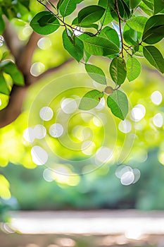 Lush Green Leaves Sunlight Bokeh Tropical Fruit Nature Background AI generated.