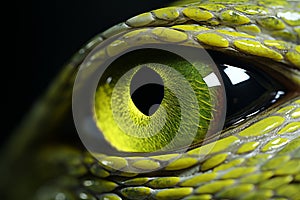 Close up shot of vibrant green snake showcasing its intricate scales and mesmerizing gaze