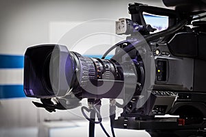Close-up shot of a video camera for shooting or recording a show in a TV studio