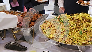 Close up shot view of Catering buffet food in restaurant on traditional indian wedding.