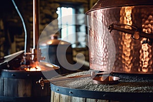 A close-up shot of a vintage copper still used for moonshine production, showcasing the craftsmanship and history behind the