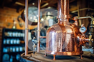 A close-up shot of a vintage copper still used for moonshine production, showcasing the craftsmanship and history behind the